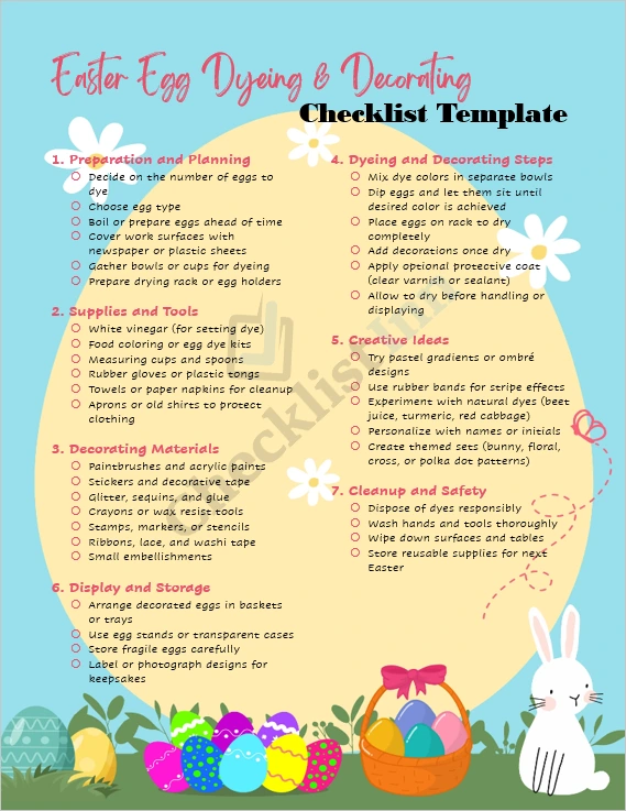 Easter Egg Dyeing and Decorating Checklist Template cover page featuring colorful Easter eggs, paints, and craft supplies