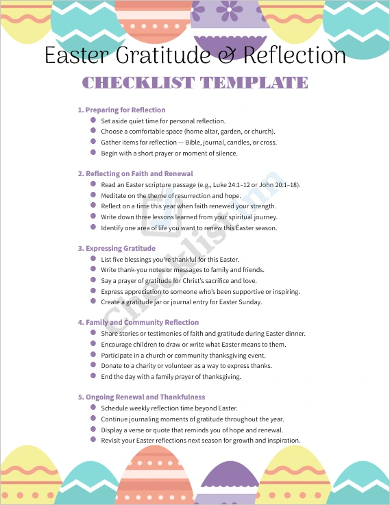 Easter Gratitude and Reflection Checklist cover page with elegant floral border and cross design representing thankfulness and renewal