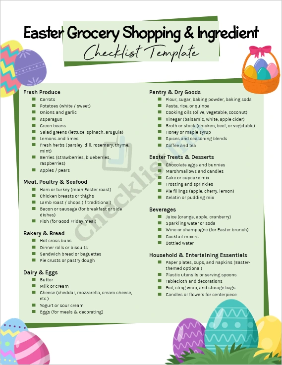 Easter grocery shopping and ingredient checklist cover page showing a festive layout with Easter eggs and food icons