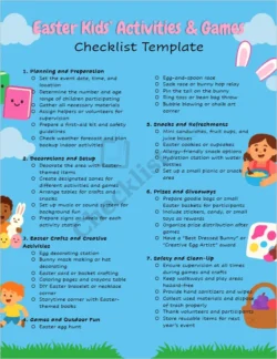 Easter kids activities and games checklist cover page with colorful Easter eggs and playful decorations