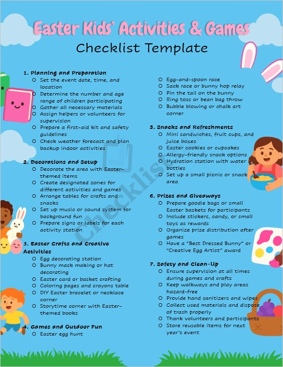 Easter kids activities and games checklist cover page with colorful Easter eggs and playful decorations