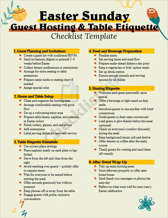 Easter Sunday guest hosting checklist cover page with elegant pastel table setting and festive décor