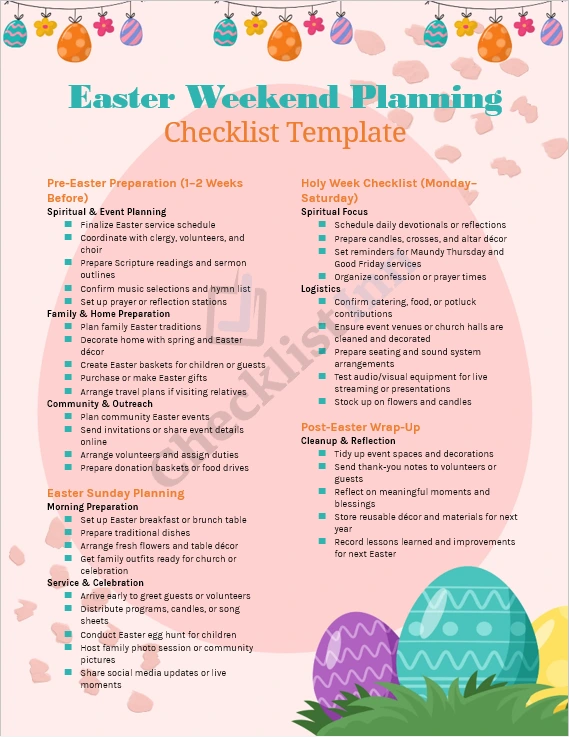 Easter weekend planning checklist cover page with festive pastel theme and Easter eggs illustration