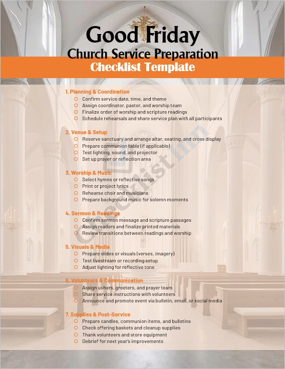 Good Friday church service preparation checklist cover page with cross and church background