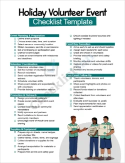 Holiday Volunteer Event Checklist Template cover page showing event planning sections and festive design