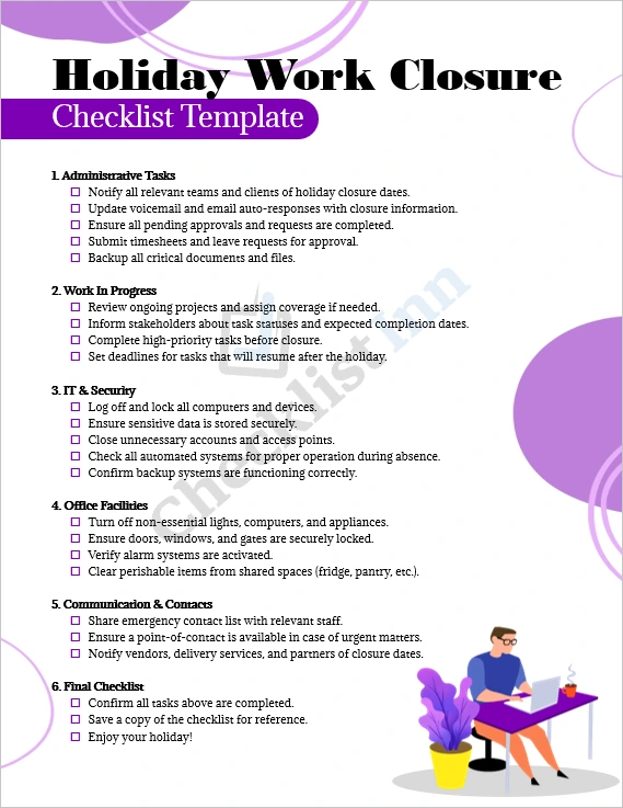 Holiday Work Closure Checklist Template cover page showing professional document design and title layout in Word format