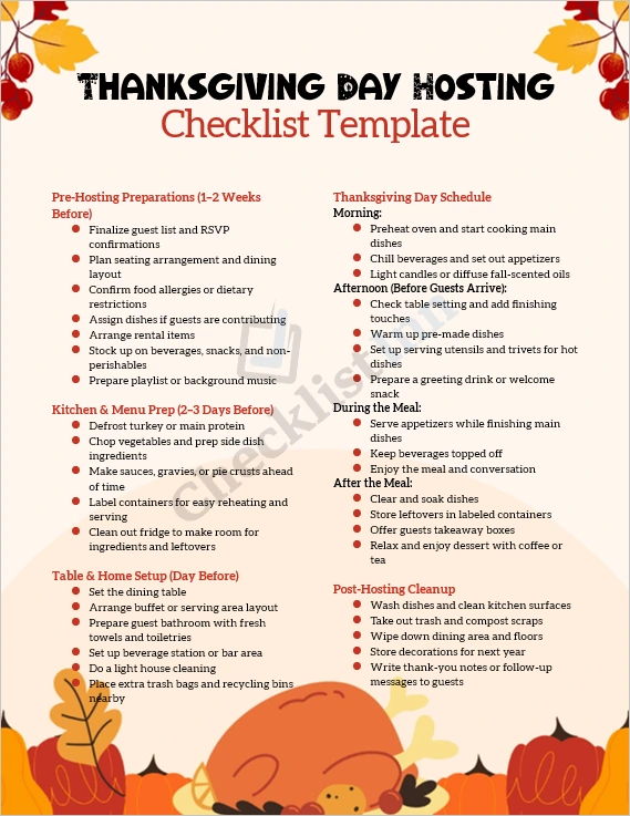 Thanksgiving Day Hosting Checklist Template cover design showing festive holiday setup and organized checklist layout
