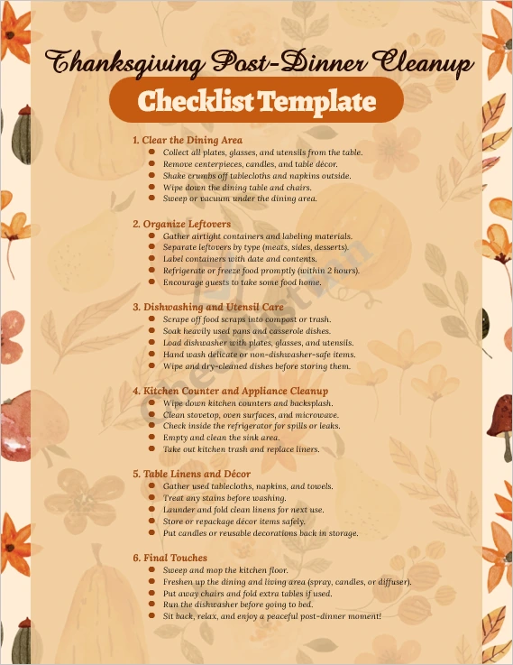 Thanksgiving post dinner cleanup checklist cover page with festive dinner table and cleaning supplies illustration