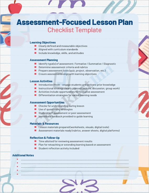 Assessment Focused Lesson Plan Checklist Template Cover Page