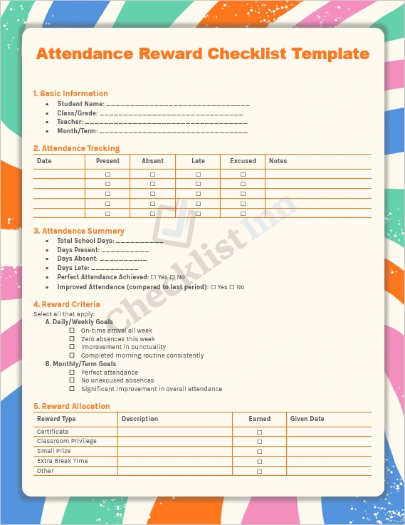 Attendance reward checklist template cover page showing colorful header and student information fields
