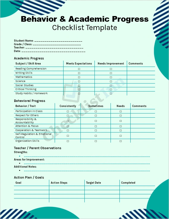 Behavior and academic progress checklist template cover page