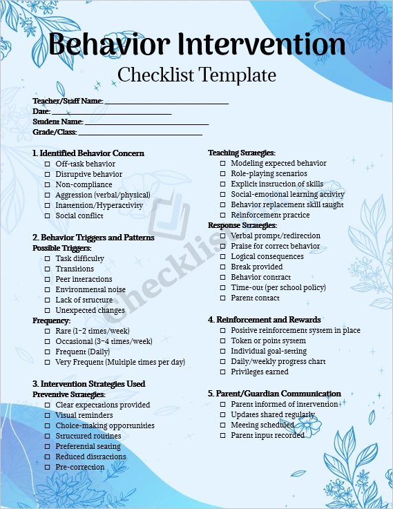 Behavior Intervention Checklist cover page template in Microsoft Word
