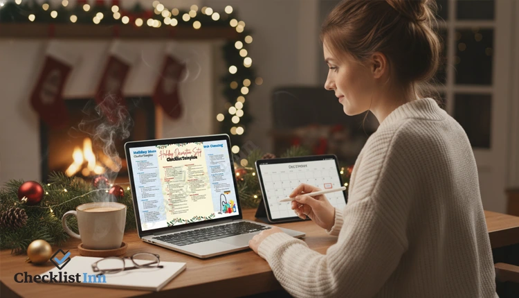 Workspace showing a person using holiday checklist templates with space for cover pages, surrounded by subtle festive decorations.