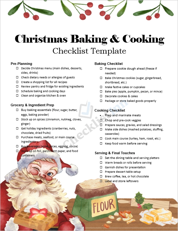 Christmas baking and cooking checklist template cover showing festive kitchen setup