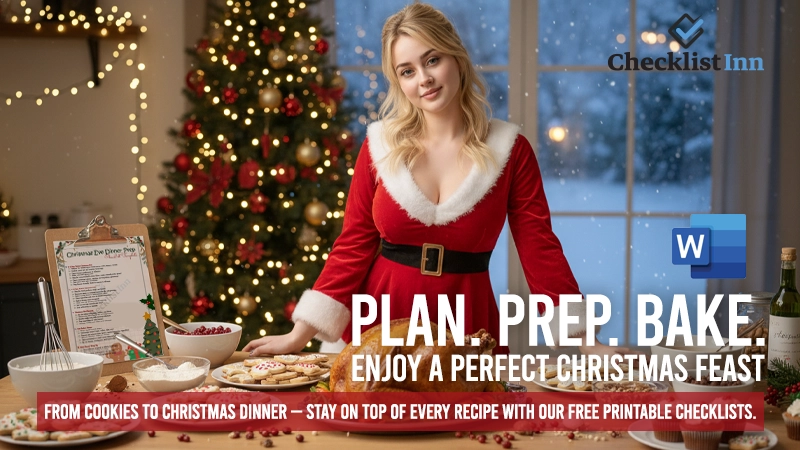 Woman preparing Christmas dinner and desserts with organized cooking checklist in a festive kitchen — hero image for Christmas Cooking & Baking Checklist Templates.