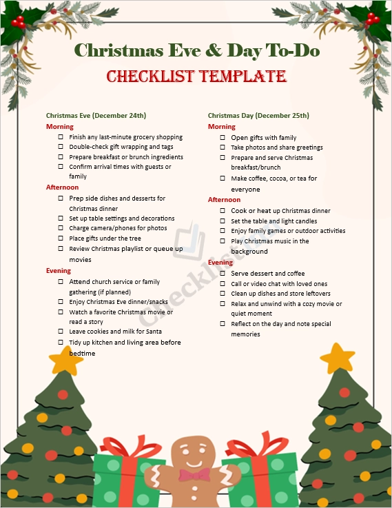 Christmas Eve and Day To Do Checklist Cover Page with festive decorations