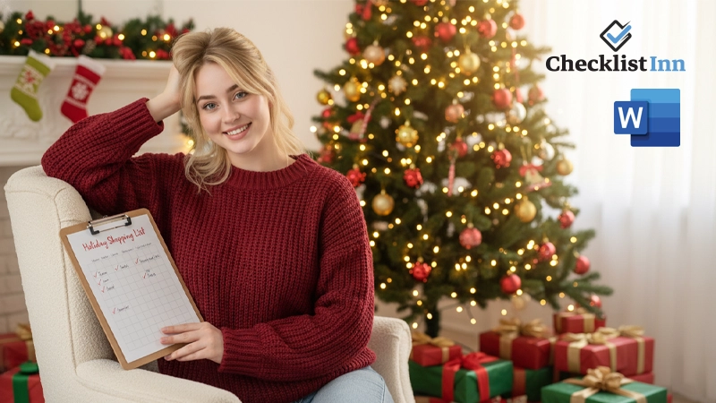 Woman smiling beside Christmas gifts and checklist in a cozy holiday home — hero image for Christmas Gift Shopping Checklist Templates.