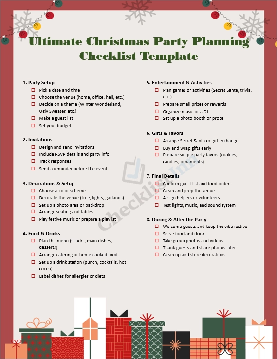 Christmas Party Planning Checklist cover page with festive decorations and checkboxes