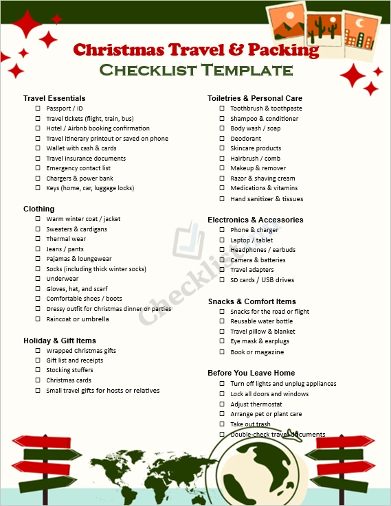 Christmas travel and packing checklist cover showing holiday suitcase and festive decorations
