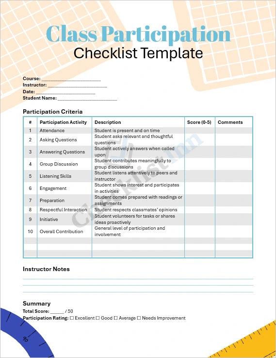 Class Participation Checklist cover page template