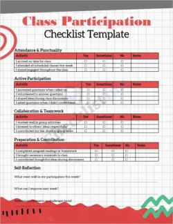 Class Participation Checklist Template cover page for students