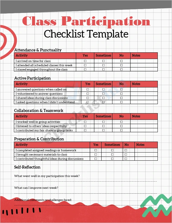 Class Participation Checklist Template cover page for students