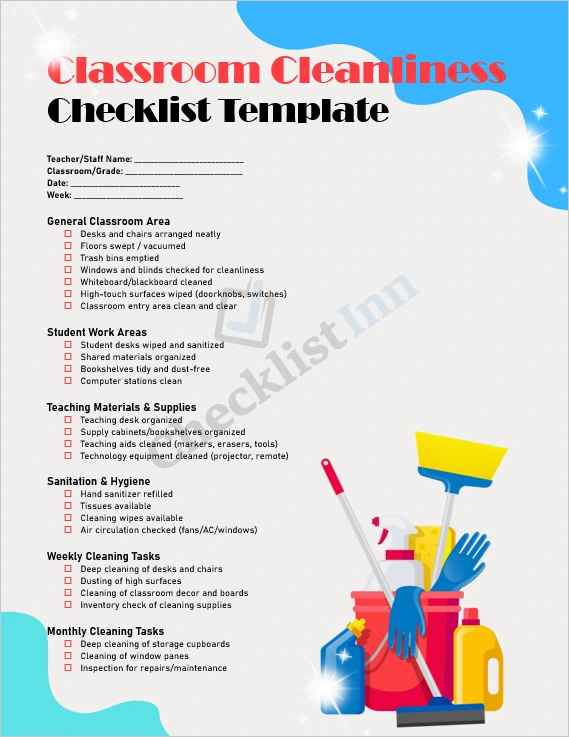 Classroom Cleanliness Checklist cover page with organized layout and bright header