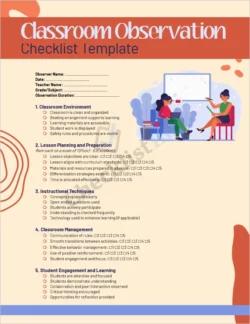 Classroom observation checklist template cover page showing a clean professional design for educators
