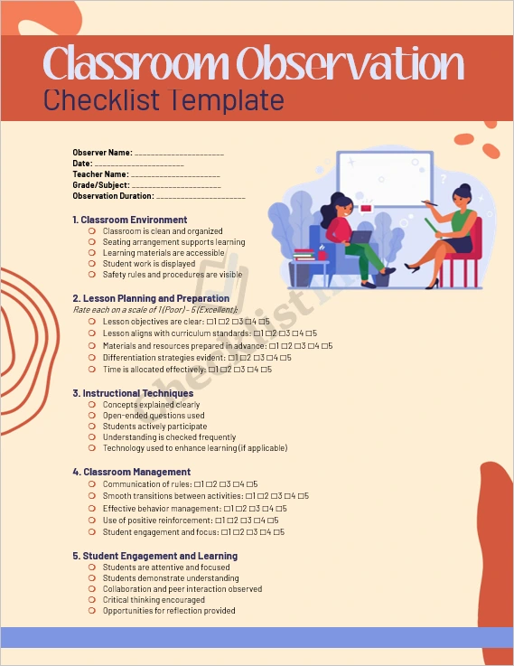Classroom observation checklist template cover page showing a clean professional design for educators