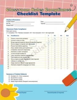 Classroom Rules Compliance Checklist cover page template for teachers