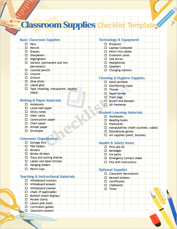 Classroom Supplies Checklist Template cover page showing organized layout and header