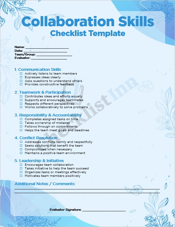 Collaboration Skills Checklist Template cover page design