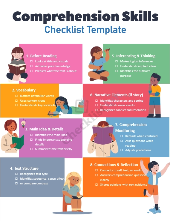 Comprehension Skills Checklist cover page showing a clean and simple layout