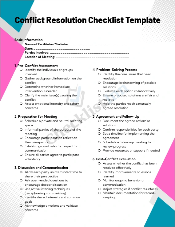 Conflict Resolution Checklist Template cover page showing a clean professional layout