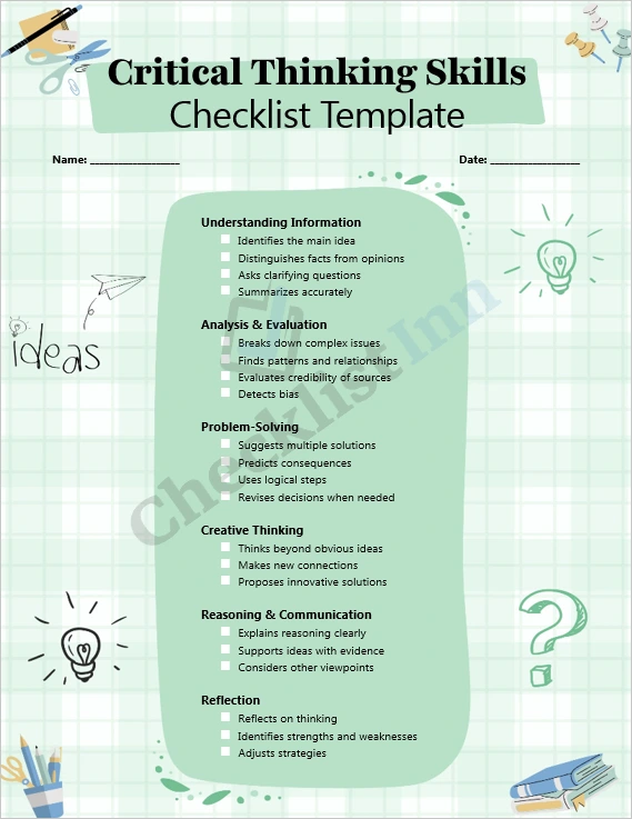 Critical Thinking Skills Checklist Template Cover Page