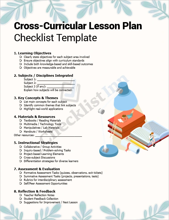 Cross curricular lesson plan checklist template cover page in a clean and professional layout