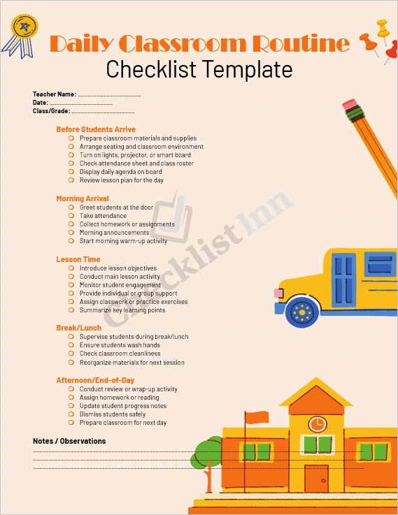 Daily Classroom Routine Checklist Template cover page for teachers