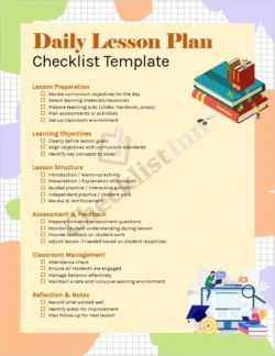 Cover page of the daily lesson plan checklist template showing teacher and classroom elements