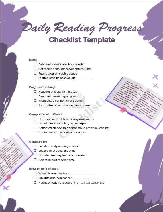 Daily Reading Progress Checklist Cover Page with modern design and reading elements