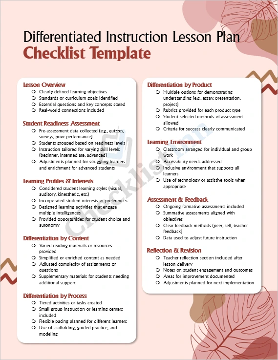 Differentiated Instruction Lesson Plan Checklist cover page showing professional layout and title
