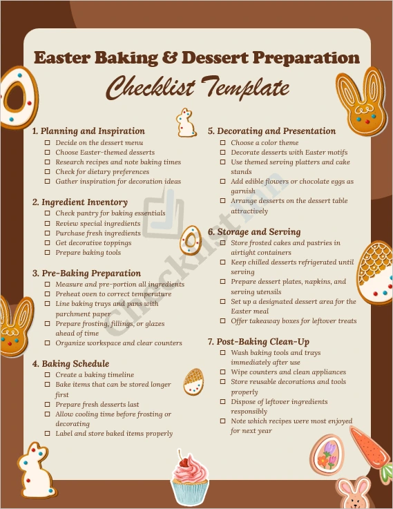 Easter Baking and Dessert Preparation Checklist cover page with pastel kitchen theme and festive dessert