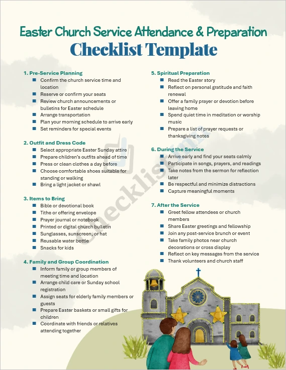 Easter Church Service Attendance and Preparation Checklist cover page with pastel design and checklist title