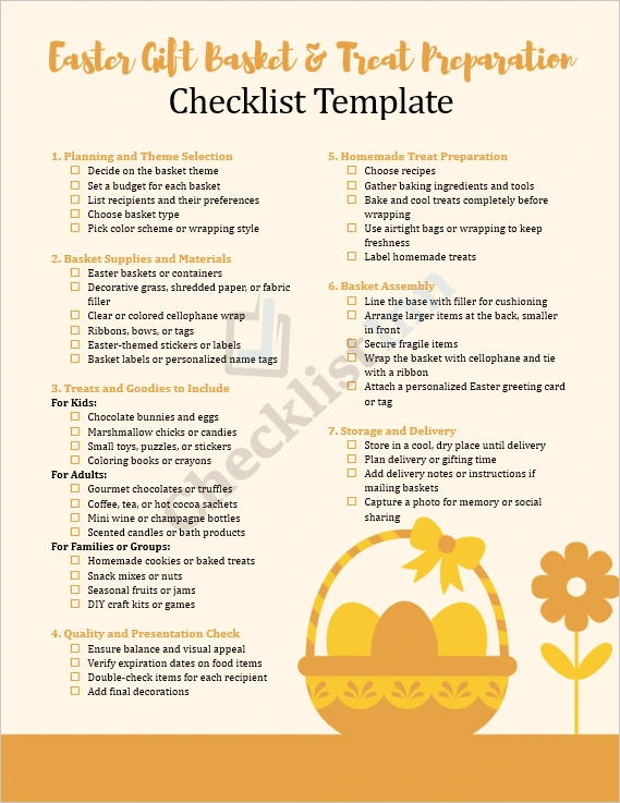 Easter Gift Basket and Treat Preparation Checklist cover page showing festive Easter baskets with chocolates ribbons and spring decorations
