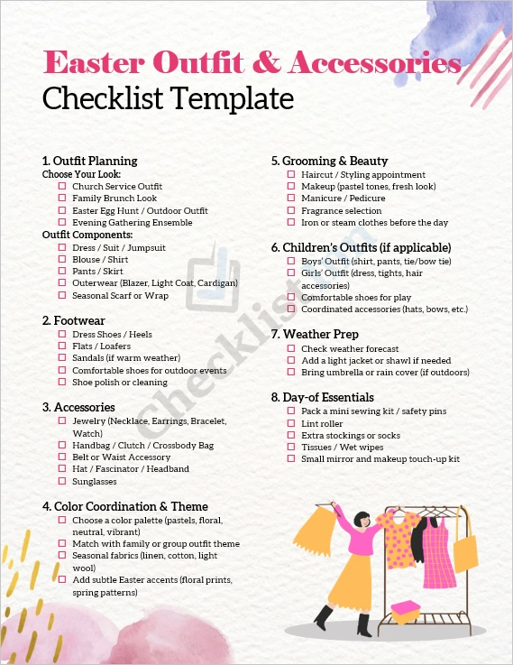 Easter Outfit and Accessories Checklist Template Cover Page showing pastel spring theme with elegant layout and floral design