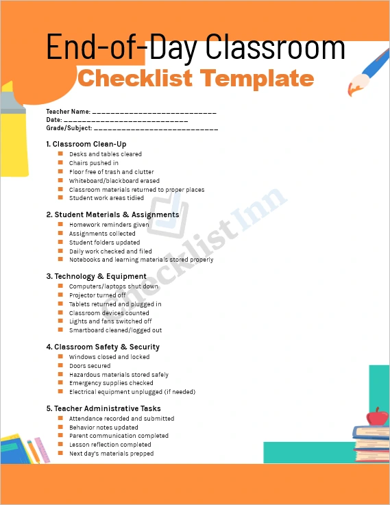 End of day classroom checklist template cover page for teachers