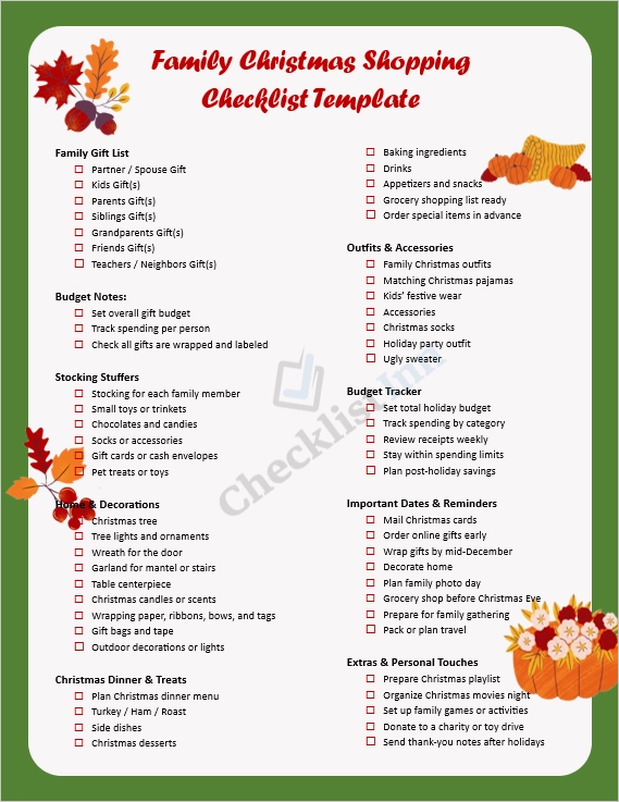Family Christmas Shopping Checklist Cover Page showing festive holiday design with Christmas gifts decorations and checklist text