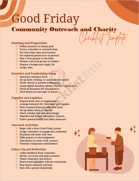 Good Friday community outreach and charity checklist cover page showing volunteer planning and donation preparation layout