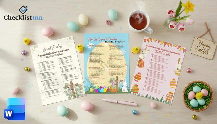 Easter and Good Friday checklist templates on a desk with flowers, coffee, and pastel decorations.