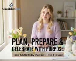 Woman organizing Easter and Good Friday checklist templates with pastel decorations and spring elements