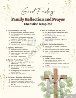 Good Friday family reflection and prayer checklist cover page showing elegant Christian theme design with cross and candles